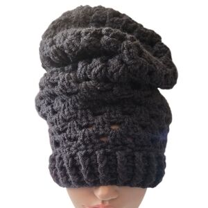 Black Granny Square Slouchy Beanie, Handmade By Me, Ask About Customs